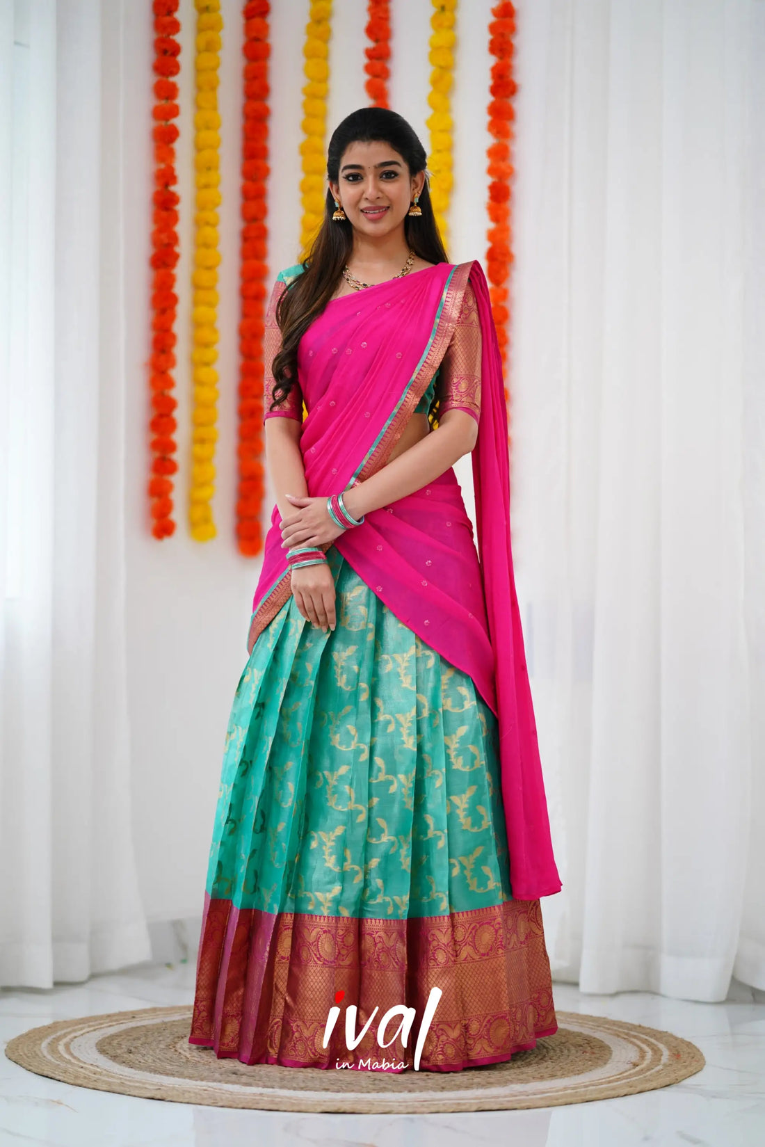 Izhaiyini Organza Halfsaree - Teal Green And Dark Pink Half Sarees