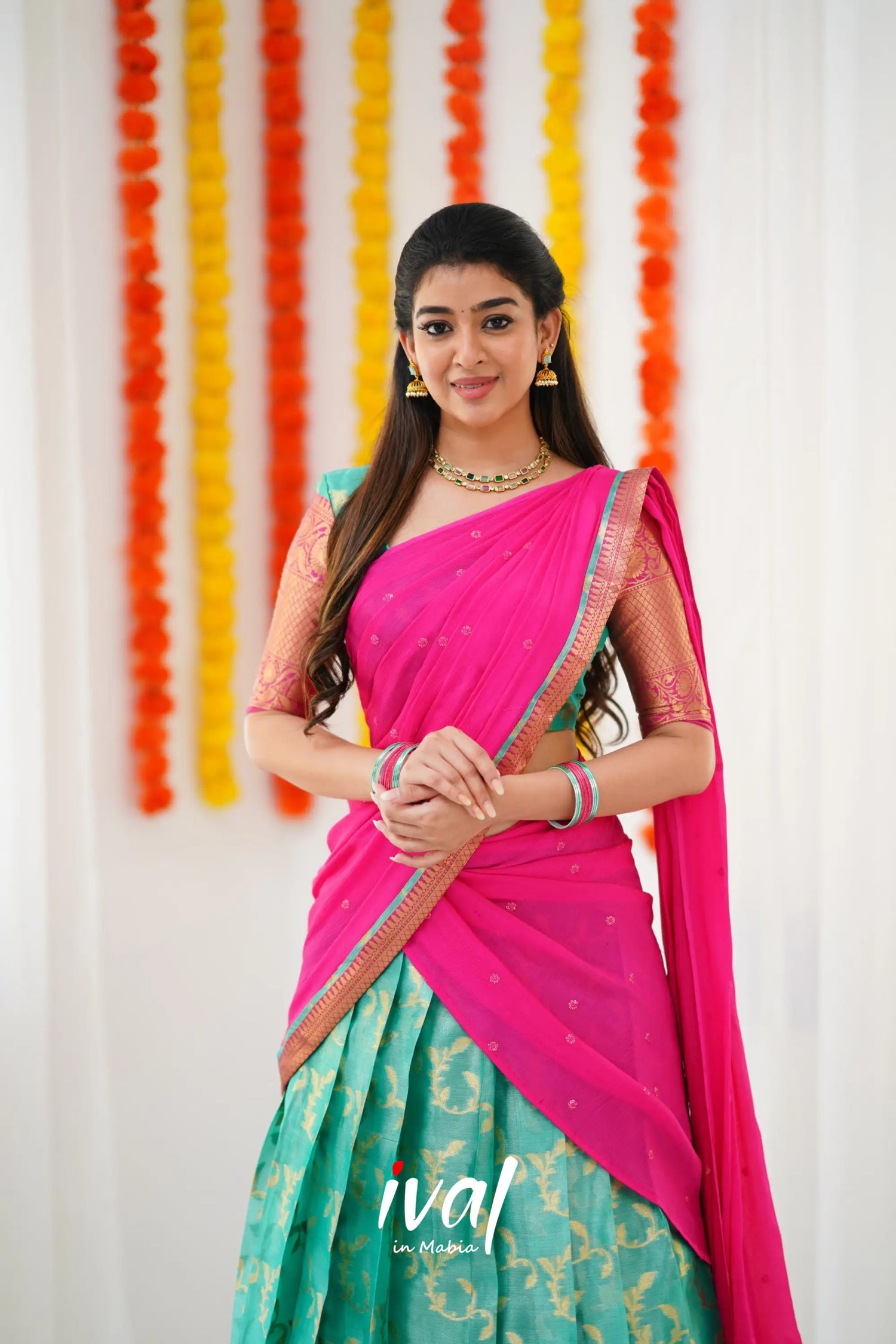 Izhaiyini Organza Halfsaree - Teal Green And Dark Pink Half Sarees