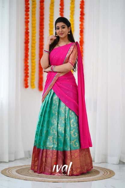 Izhaiyini Organza Halfsaree - Teal Green And Dark Pink Half Sarees