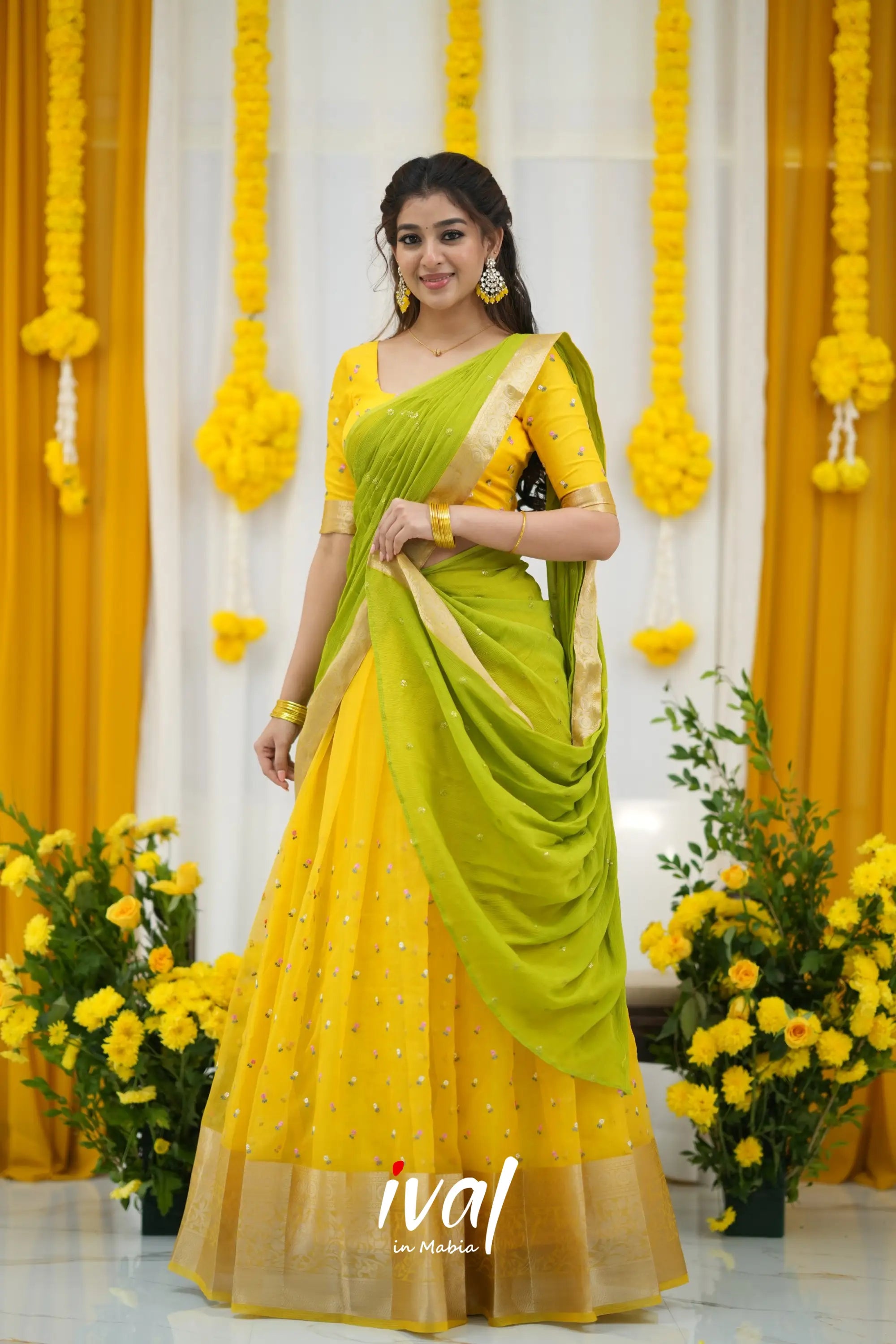 Izhaiyini Organza Halfsaree - Yellow And Leaf Green Half Sarees