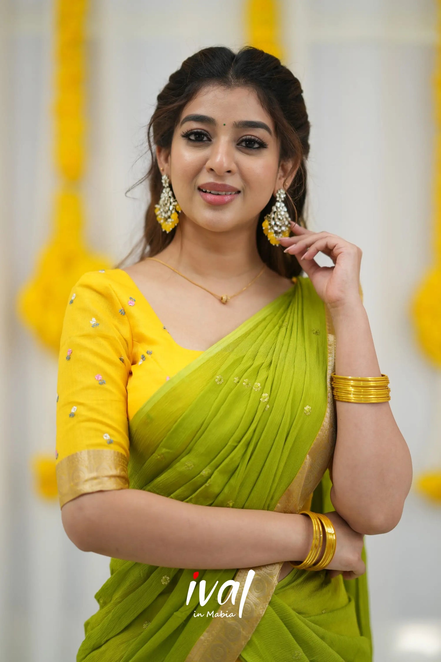 Izhaiyini Organza Halfsaree - Yellow And Leaf Green Half Sarees