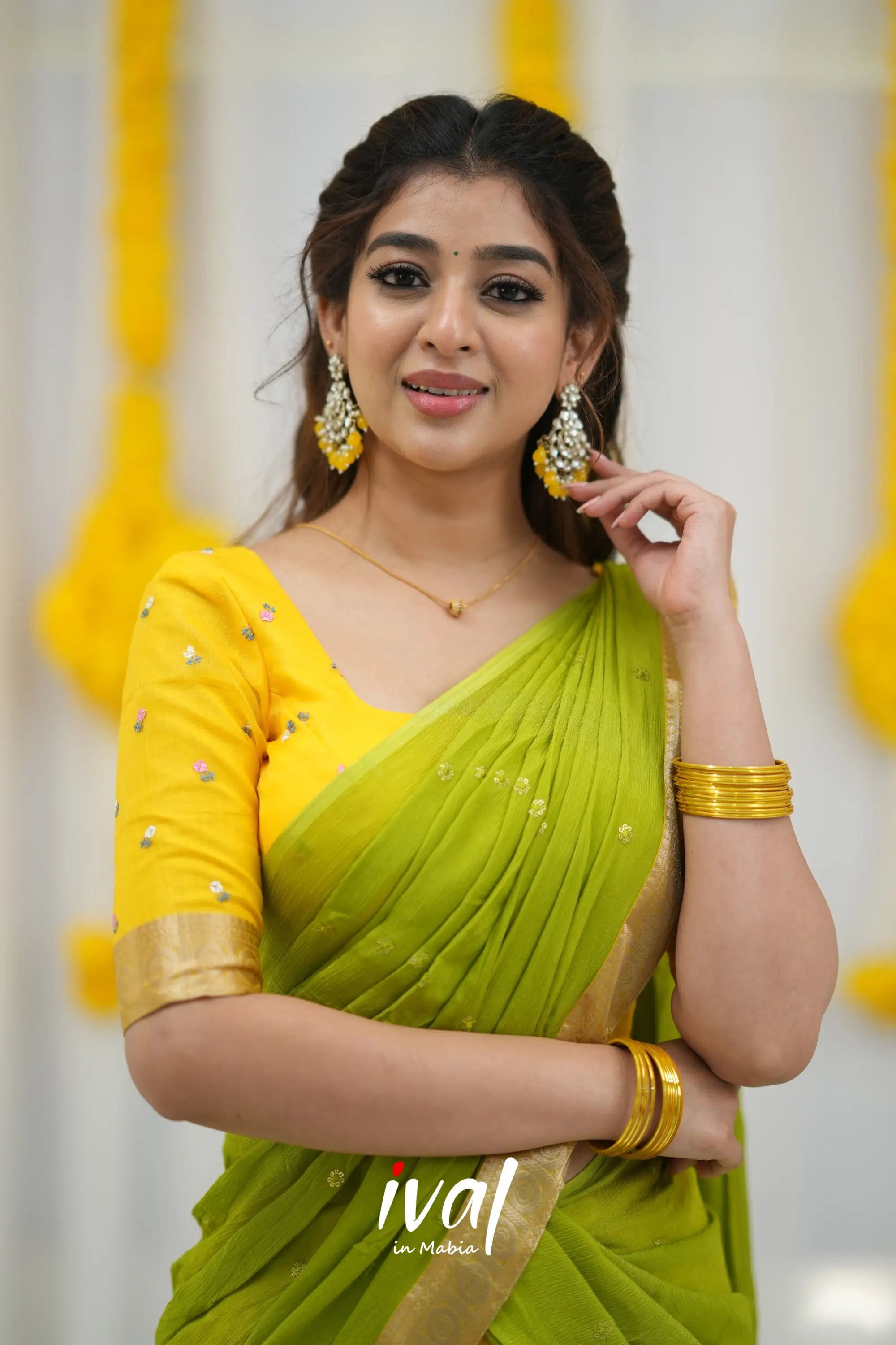 Izhaiyini Organza Halfsaree - Yellow And Leaf Green Half Sarees