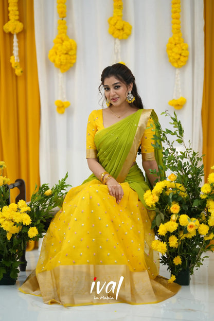 Izhaiyini Organza Halfsaree - Yellow And Leaf Green Half Sarees