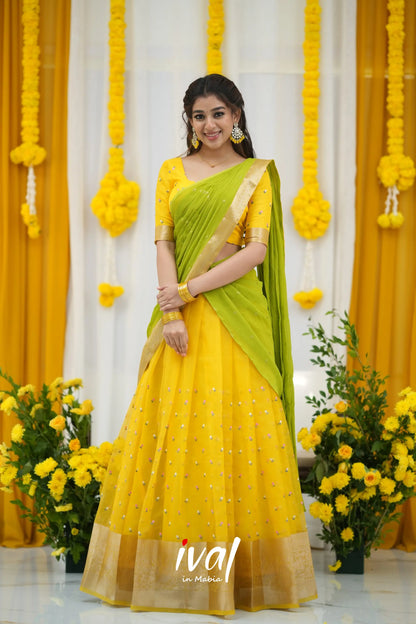 Izhaiyini Organza Halfsaree - Yellow And Leaf Green Half Sarees