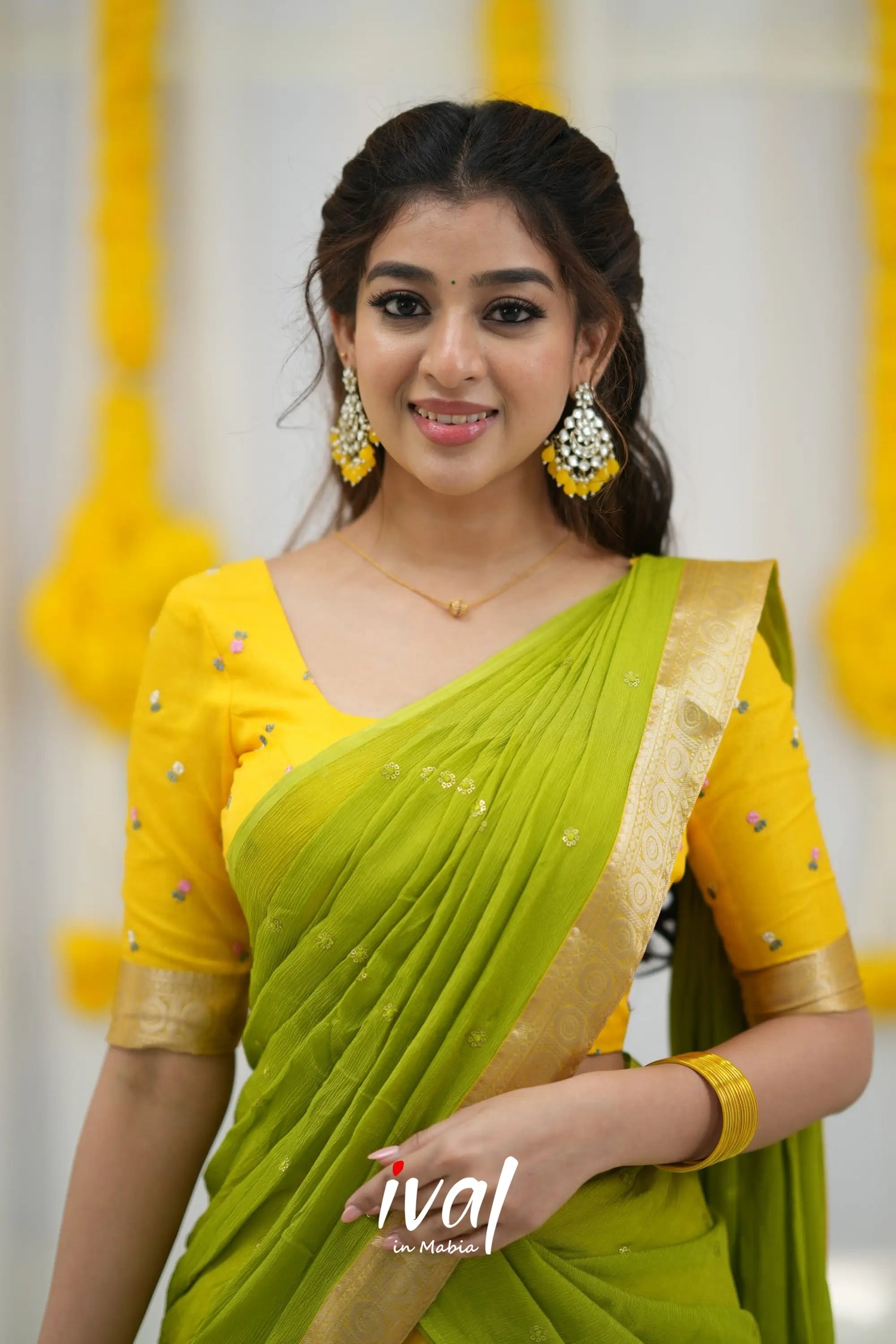 Izhaiyini Organza Halfsaree - Yellow And Leaf Green Half Sarees