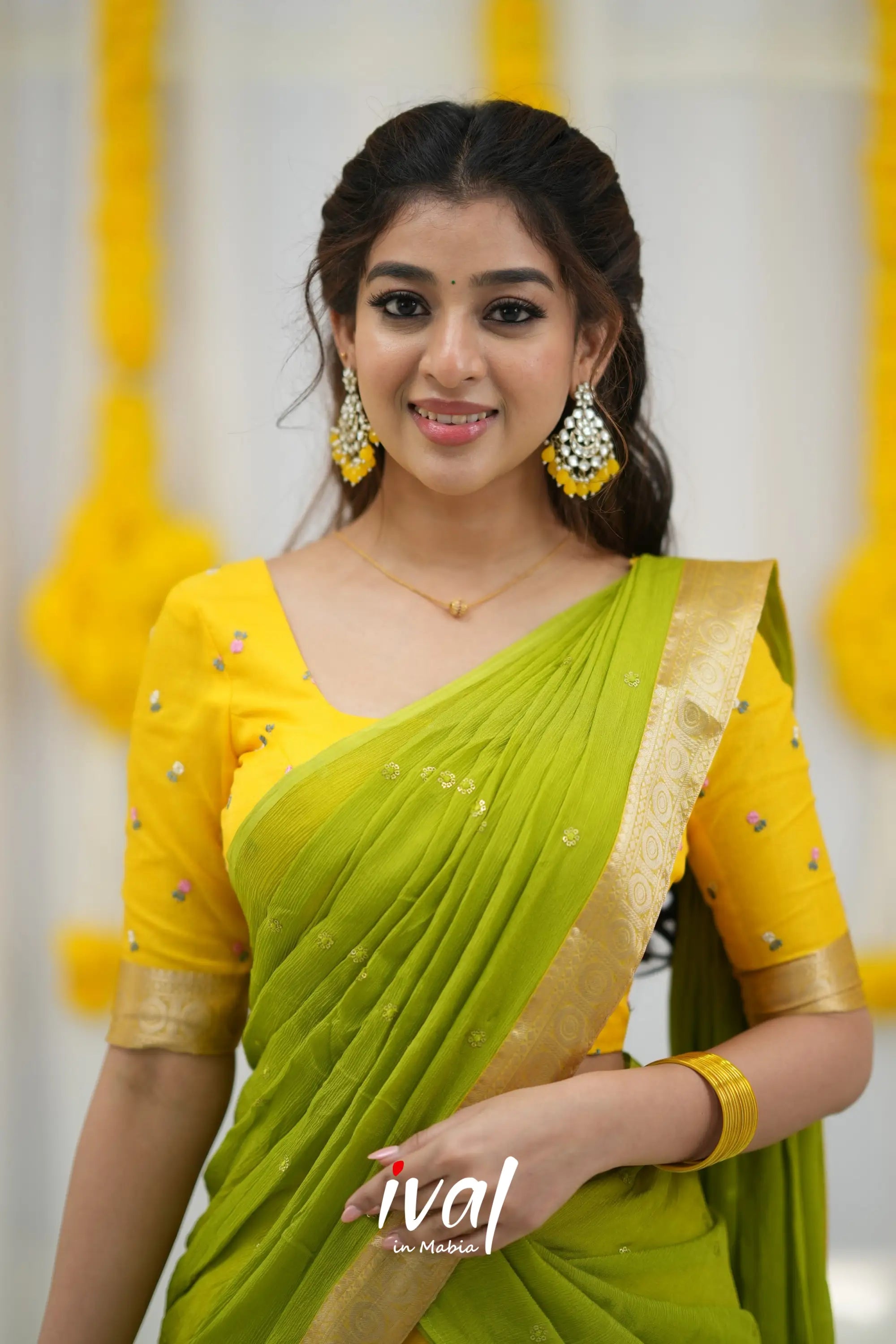 Izhaiyini Organza Halfsaree - Yellow And Leaf Green Half Sarees