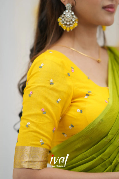 Izhaiyini Organza Halfsaree - Yellow And Leaf Green Half Sarees