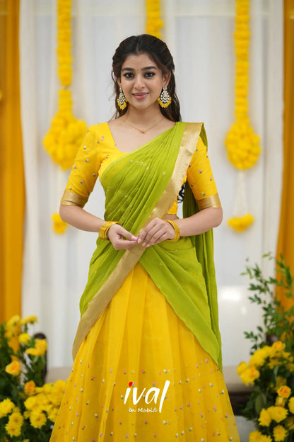 Izhaiyini Organza Halfsaree - Yellow And Leaf Green Half Sarees