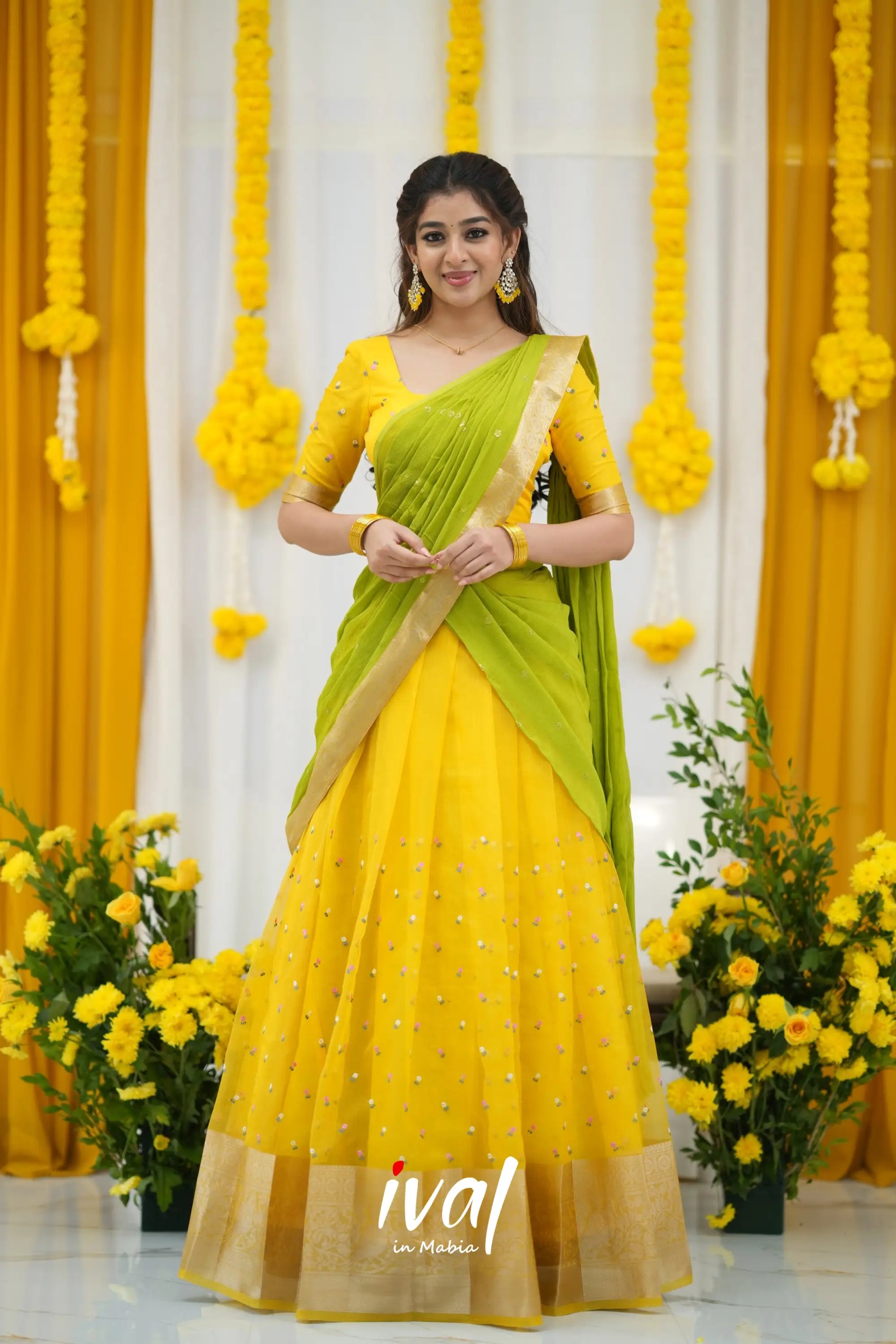 Izhaiyini Organza Halfsaree - Yellow And Leaf Green Half Sarees