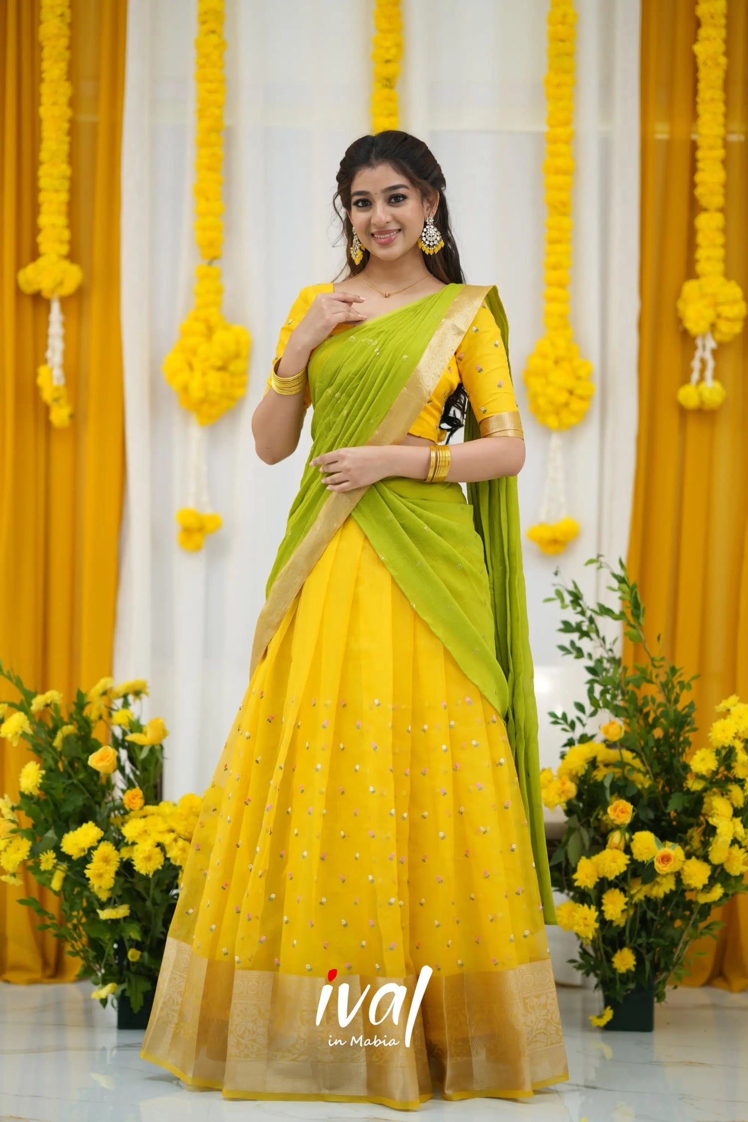 Izhaiyini Organza Halfsaree - Yellow And Leaf Green Half Sarees