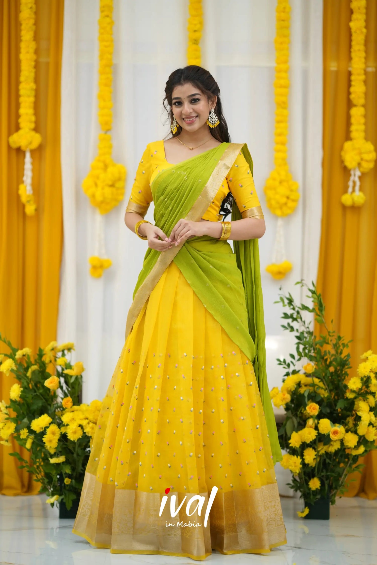 Izhaiyini Organza Halfsaree - Yellow And Leaf Green Half Sarees