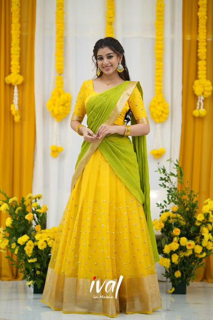 Izhaiyini Organza Halfsaree - Yellow And Leaf Green Half Sarees