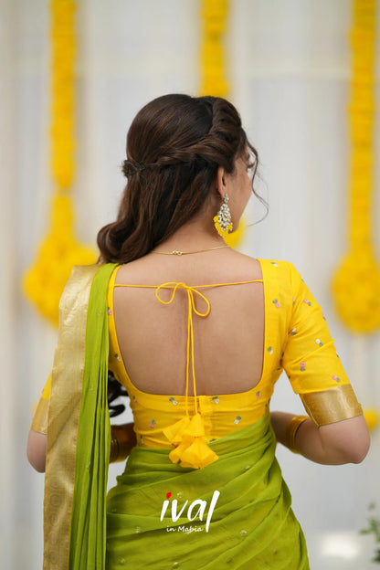 Izhaiyini Organza Halfsaree - Yellow And Leaf Green Half Sarees