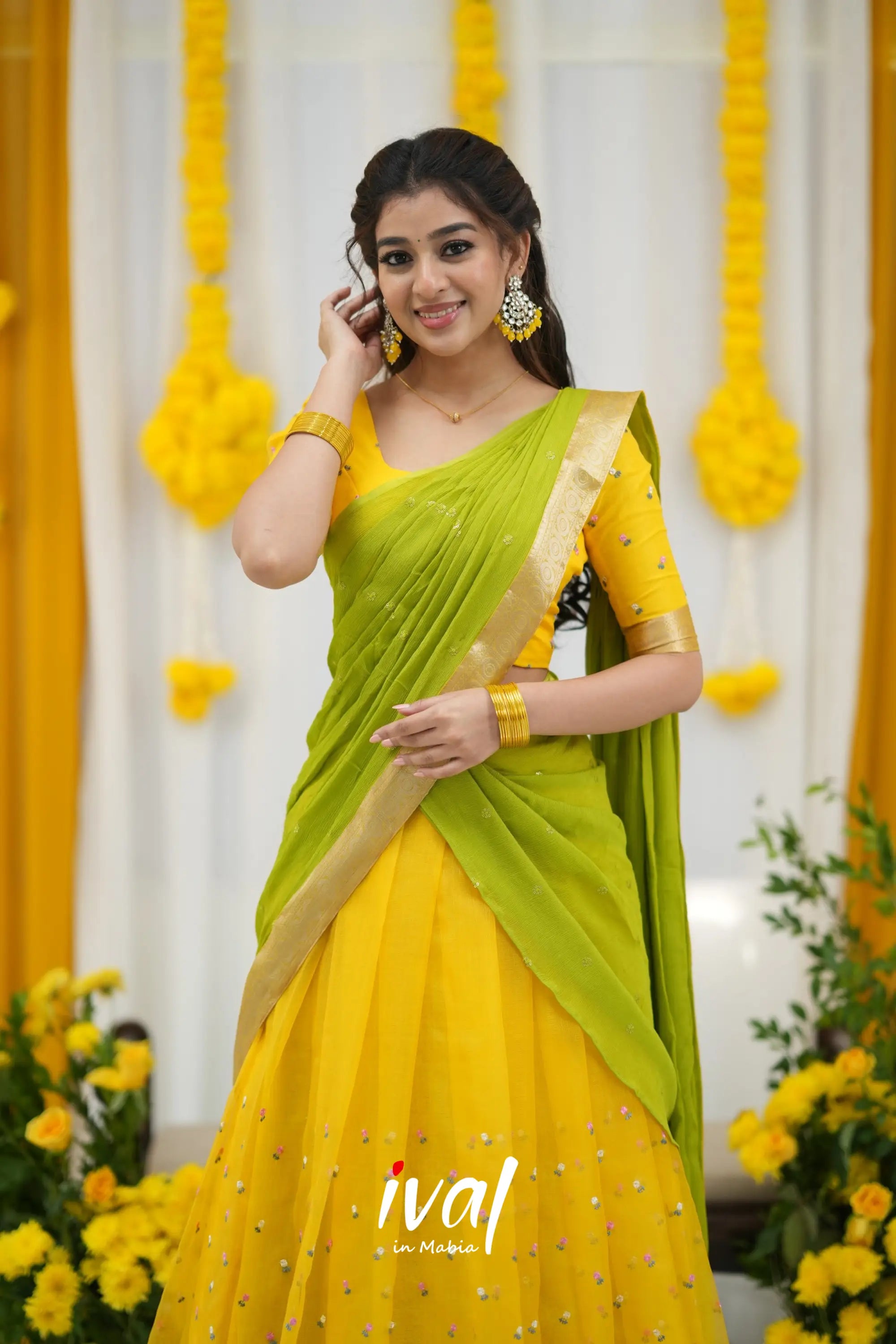 Izhaiyini Organza Halfsaree - Yellow And Leaf Green Half Sarees