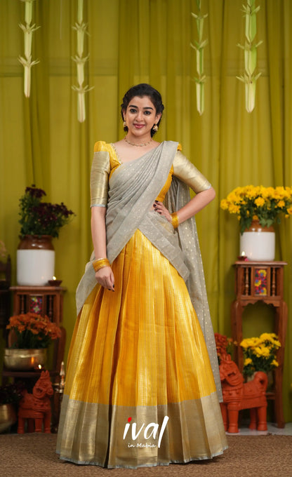 Izhaiyini Organza Halfsaree - Yellow and Light grey - Half Sarees