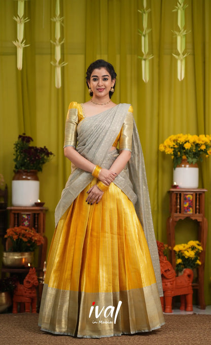 Izhaiyini Organza Halfsaree - Yellow and Light grey - Half Sarees