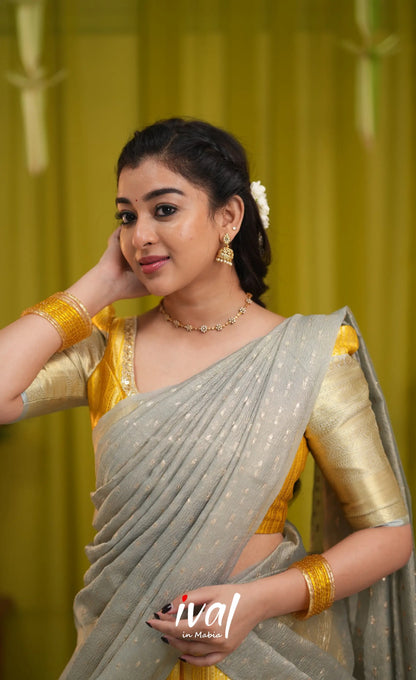 Izhaiyini Organza Halfsaree - Yellow and Light grey - Half Sarees