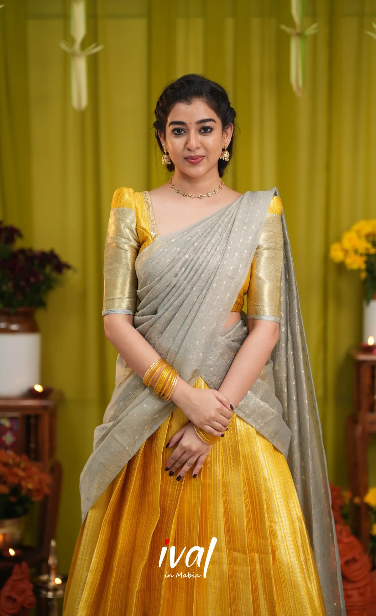 Izhaiyini Organza Halfsaree - Yellow and Light grey - Half Sarees