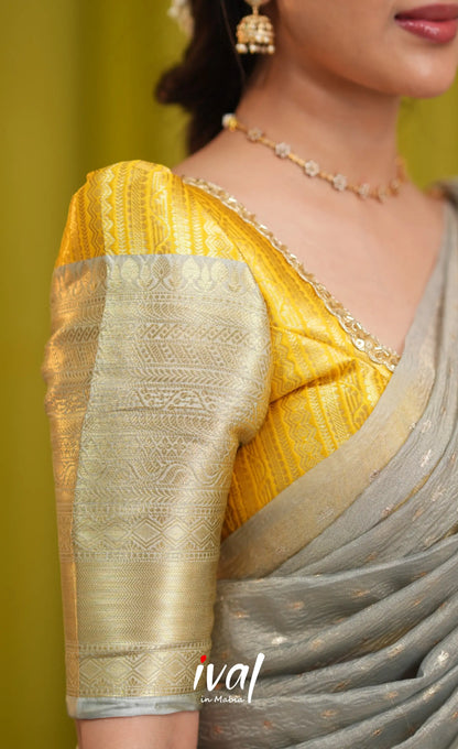 Izhaiyini Organza Halfsaree - Yellow and Light grey - Half Sarees