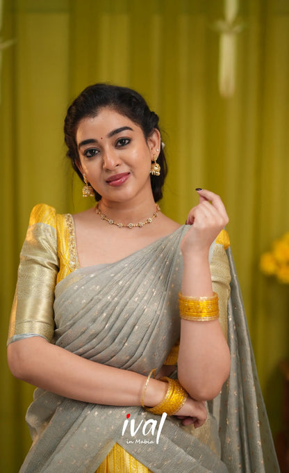 Izhaiyini Organza Halfsaree - Yellow and Light grey - Half Sarees