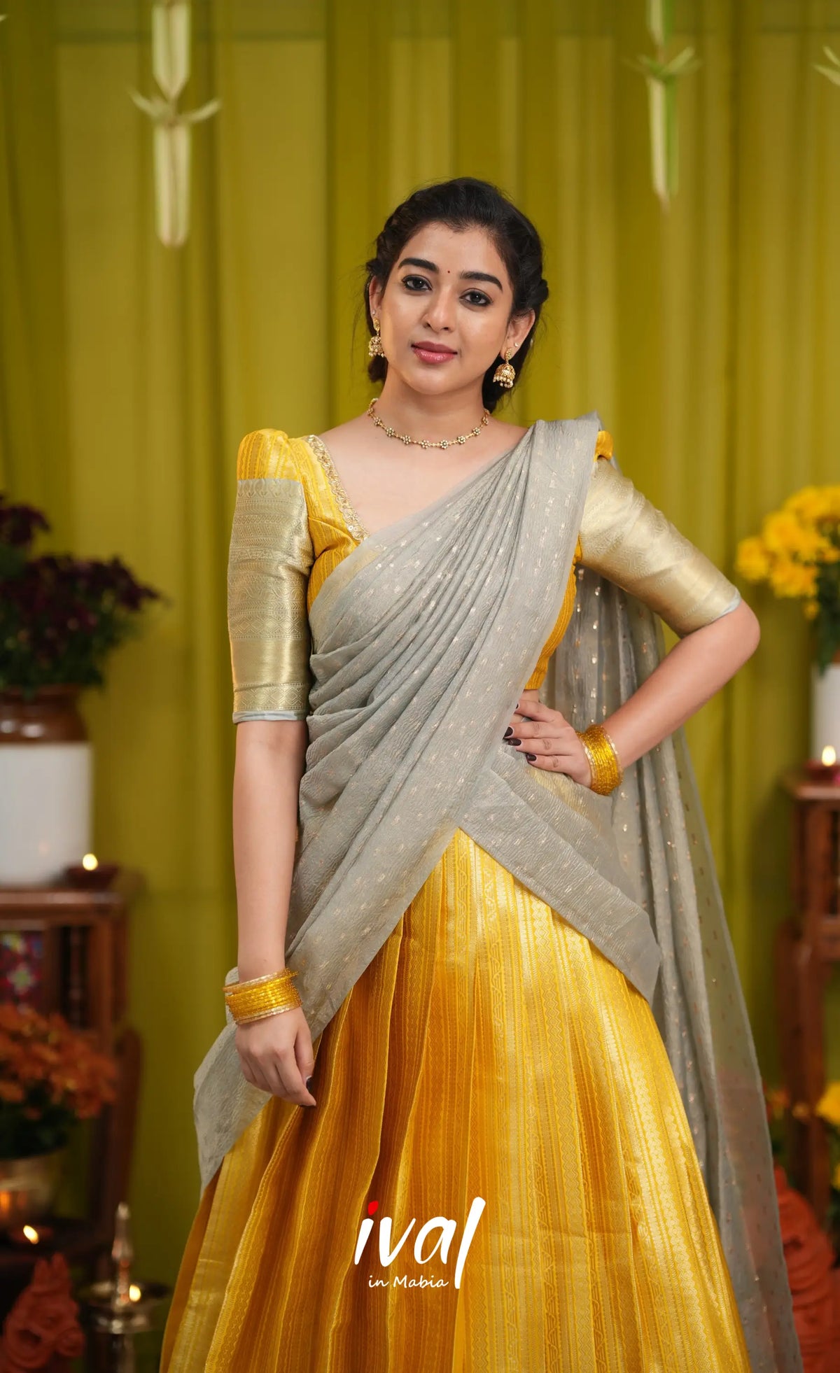 Izhaiyini Organza Halfsaree - Yellow and Light grey - Half Sarees