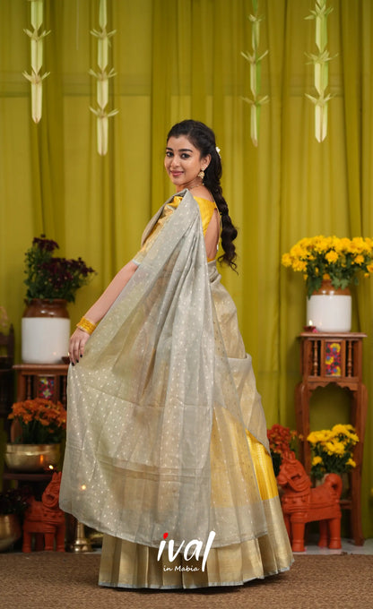 Izhaiyini Organza Halfsaree - Yellow and Light grey - Half Sarees