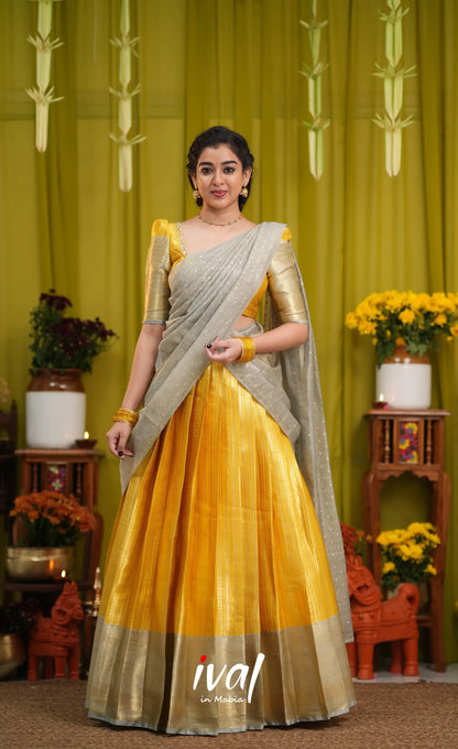 Izhaiyini Organza Halfsaree - Yellow and Light grey - Half Sarees