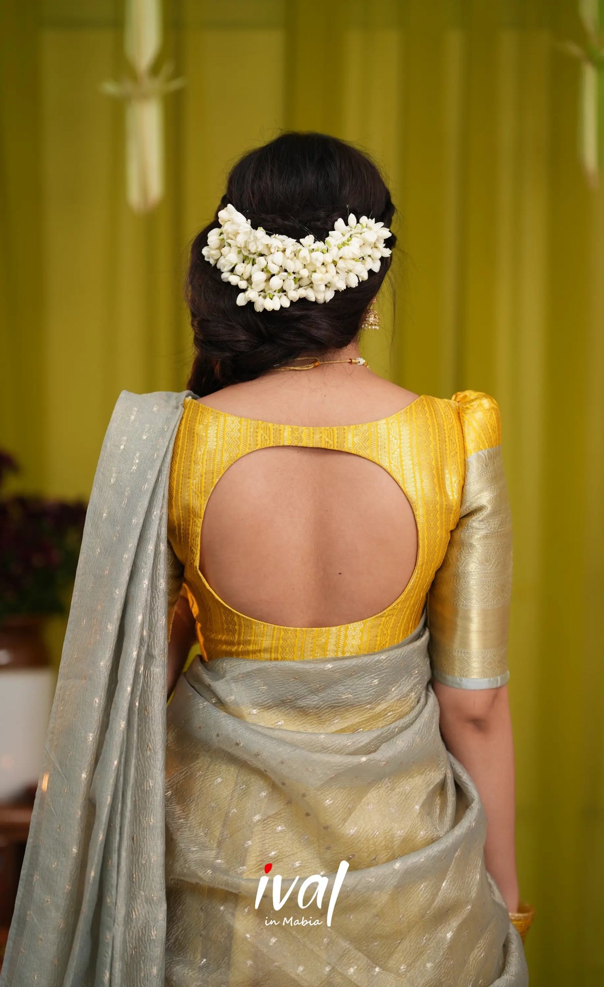 Izhaiyini Organza Halfsaree - Yellow and Light grey - Half Sarees