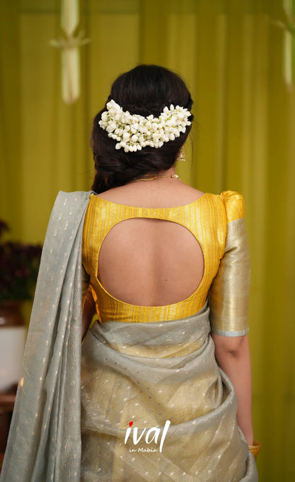 Izhaiyini Organza Halfsaree - Yellow and Light grey - Half Sarees