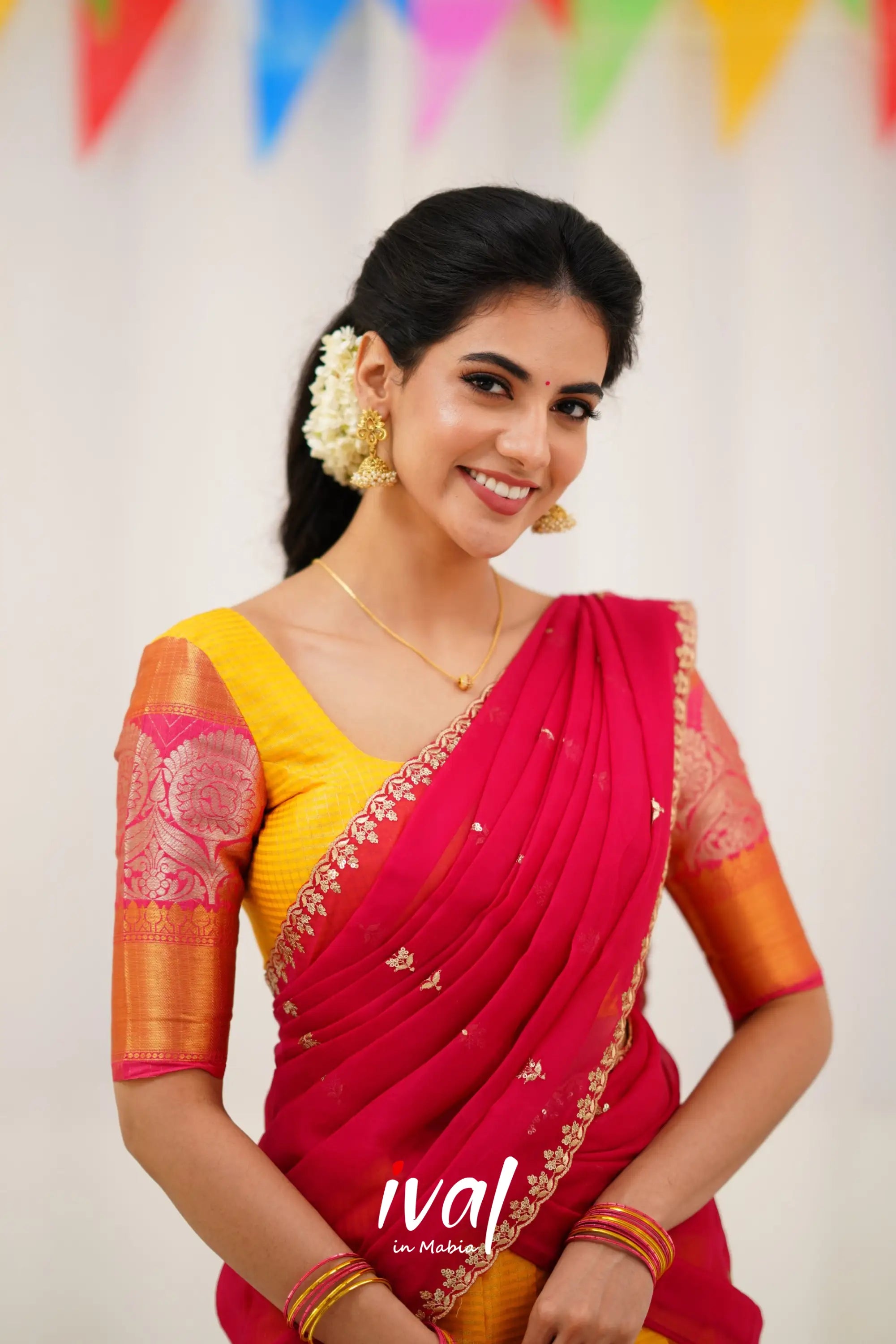 Izhaiyini Organza Halfsaree - Yellow And Pink Half Sarees