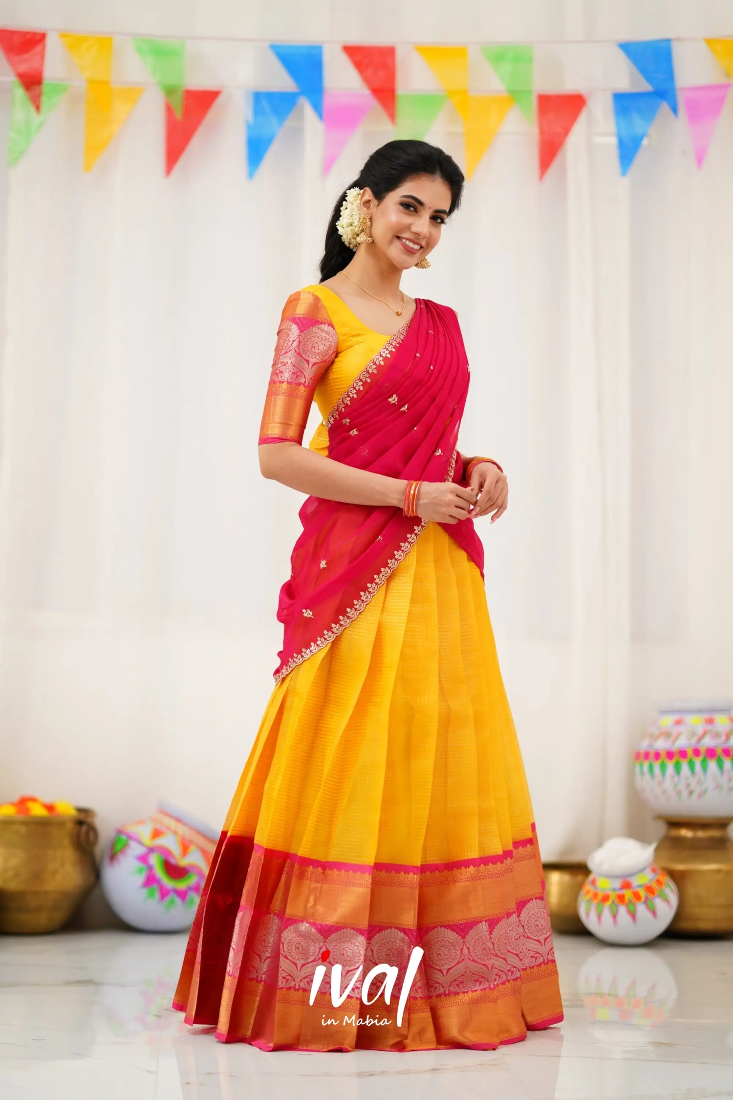 Izhaiyini Organza Halfsaree - Yellow And Pink Half Sarees