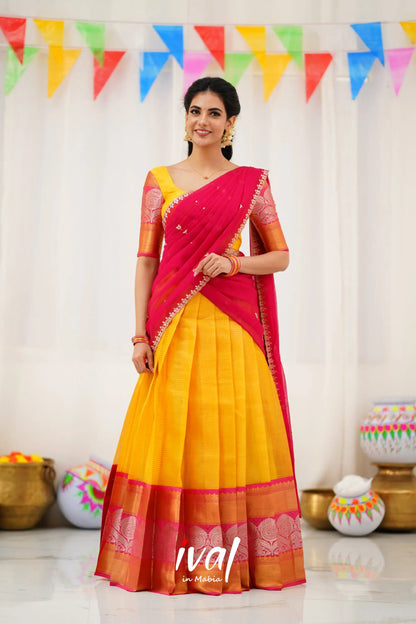 Izhaiyini Organza Halfsaree - Yellow And Pink Half Sarees