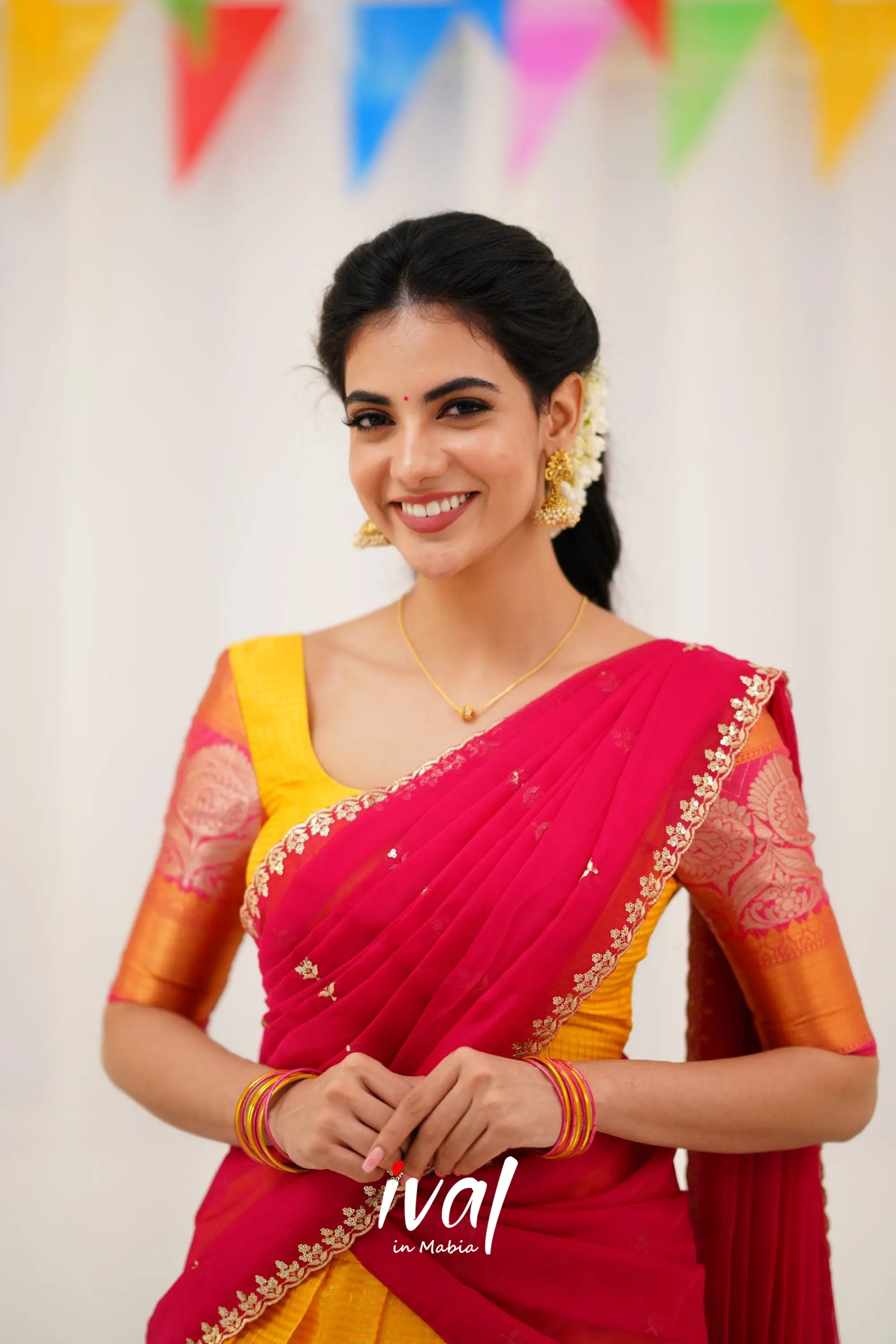 Izhaiyini Organza Halfsaree - Yellow And Pink Half Sarees