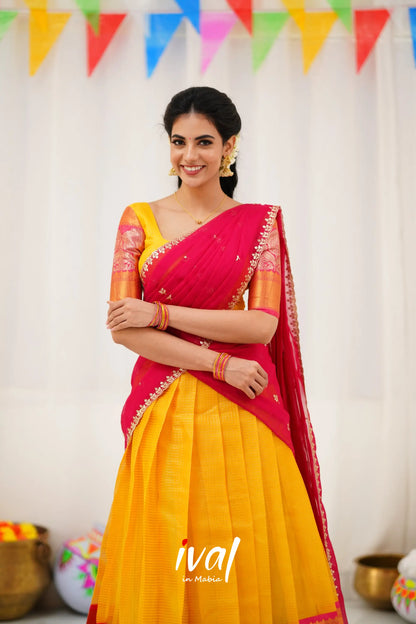 Izhaiyini Organza Halfsaree - Yellow And Pink Half Sarees