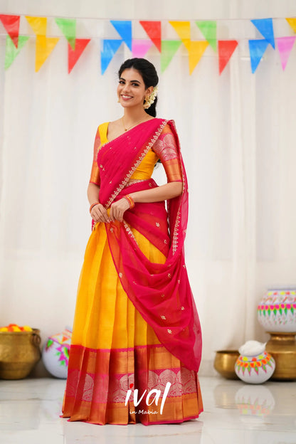 Izhaiyini Organza Halfsaree - Yellow And Pink Half Sarees