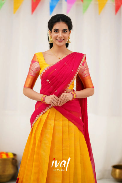 Izhaiyini Organza Halfsaree - Yellow And Pink Half Sarees