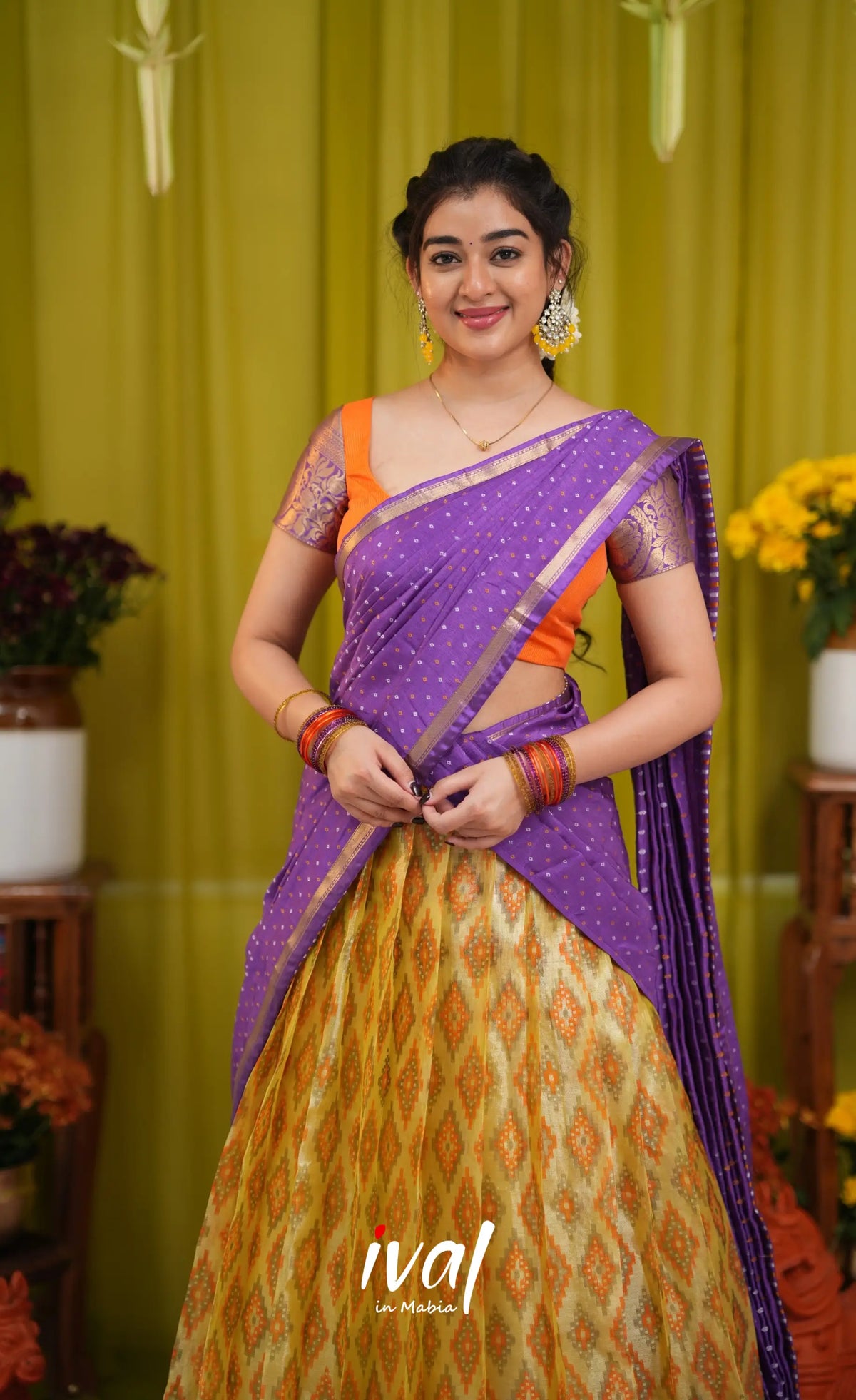 Izhaiyini Organza Halfsaree - Yellow and Purple - Half Sarees