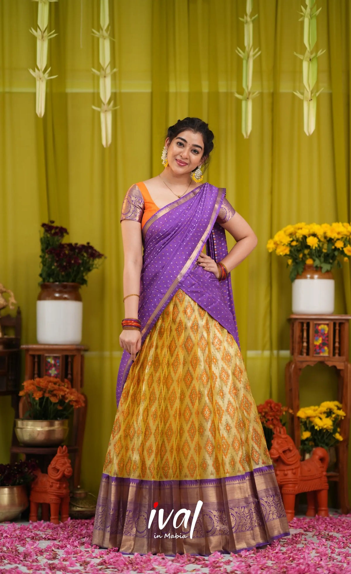 Izhaiyini Organza Halfsaree - Yellow and Purple - Half Sarees