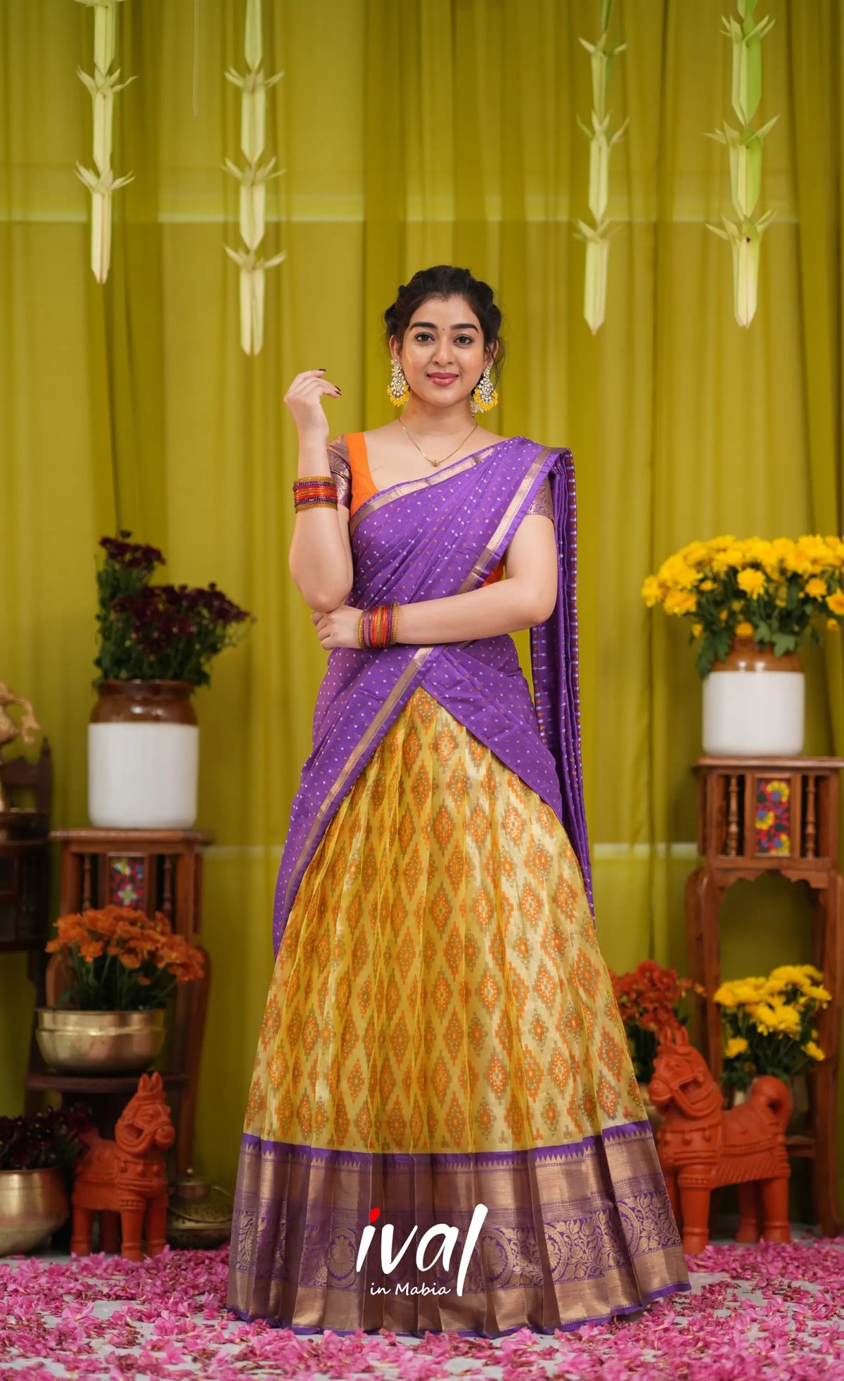 Izhaiyini Organza Halfsaree - Yellow and Purple - Half Sarees