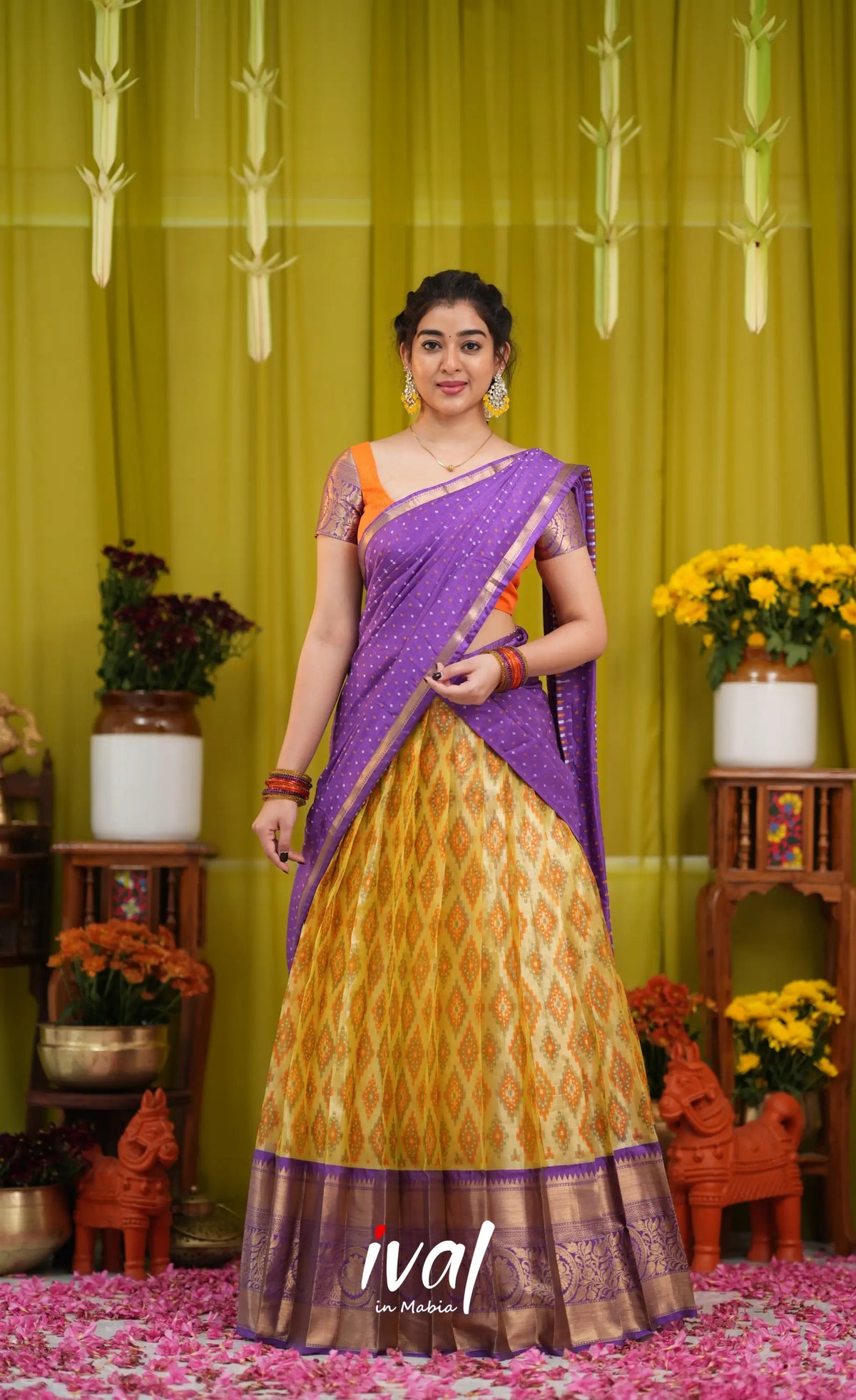 Izhaiyini Organza Halfsaree - Yellow and Purple - Half Sarees