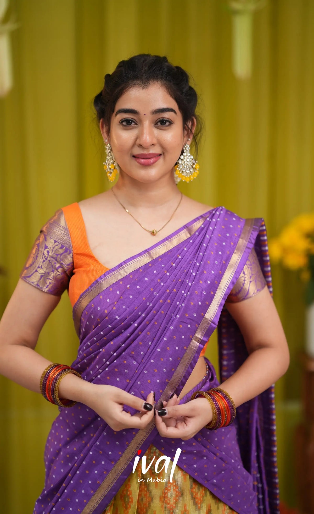 Izhaiyini Organza Halfsaree - Yellow and Purple - Half Sarees