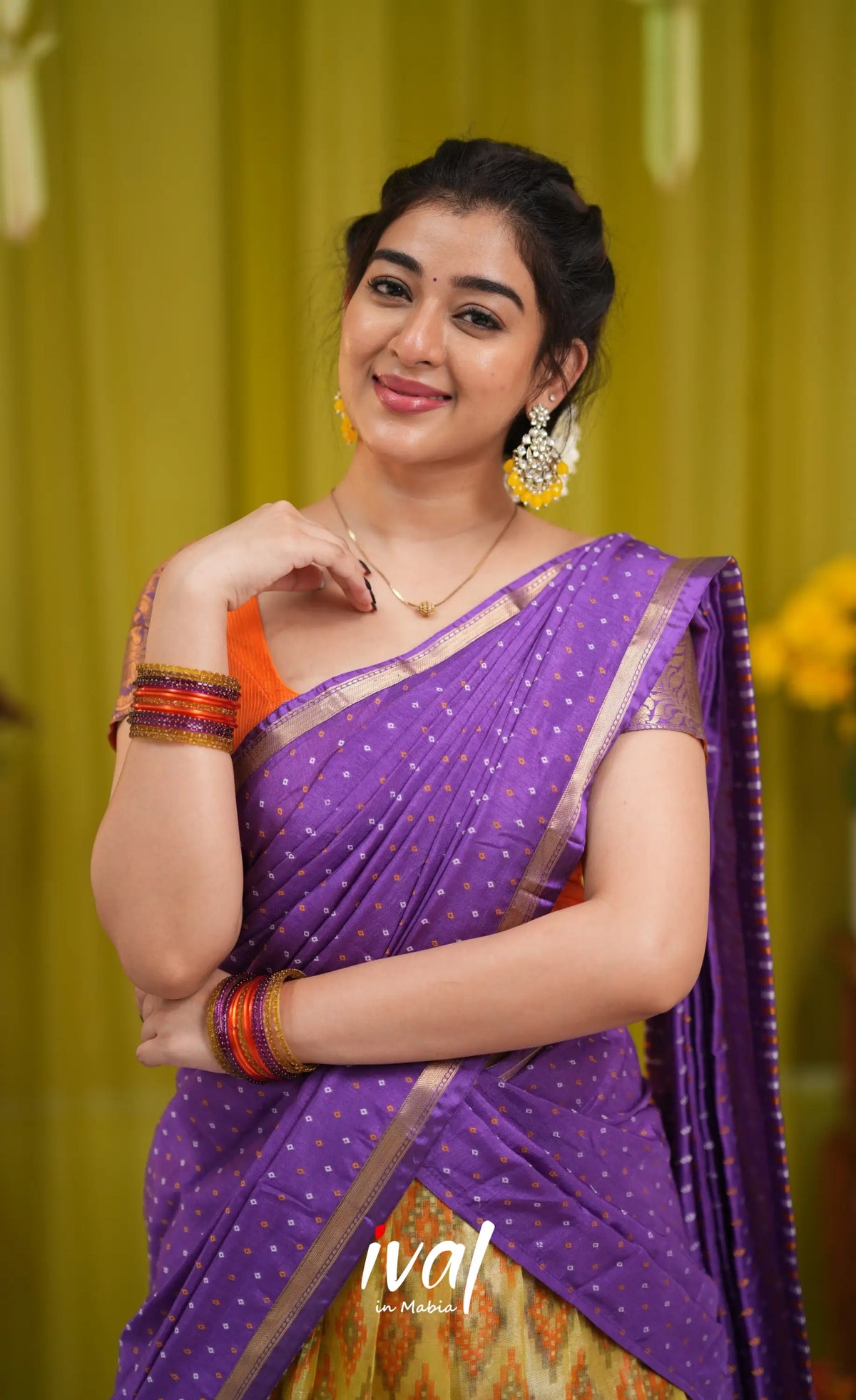 Izhaiyini Organza Halfsaree - Yellow and Purple - Half Sarees