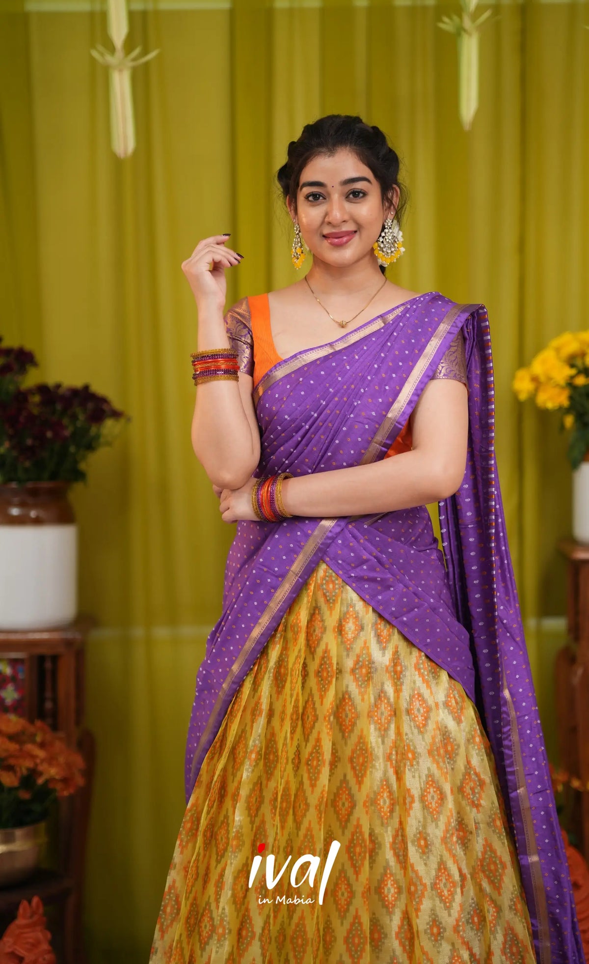 Izhaiyini Organza Halfsaree - Yellow and Purple - Half Sarees