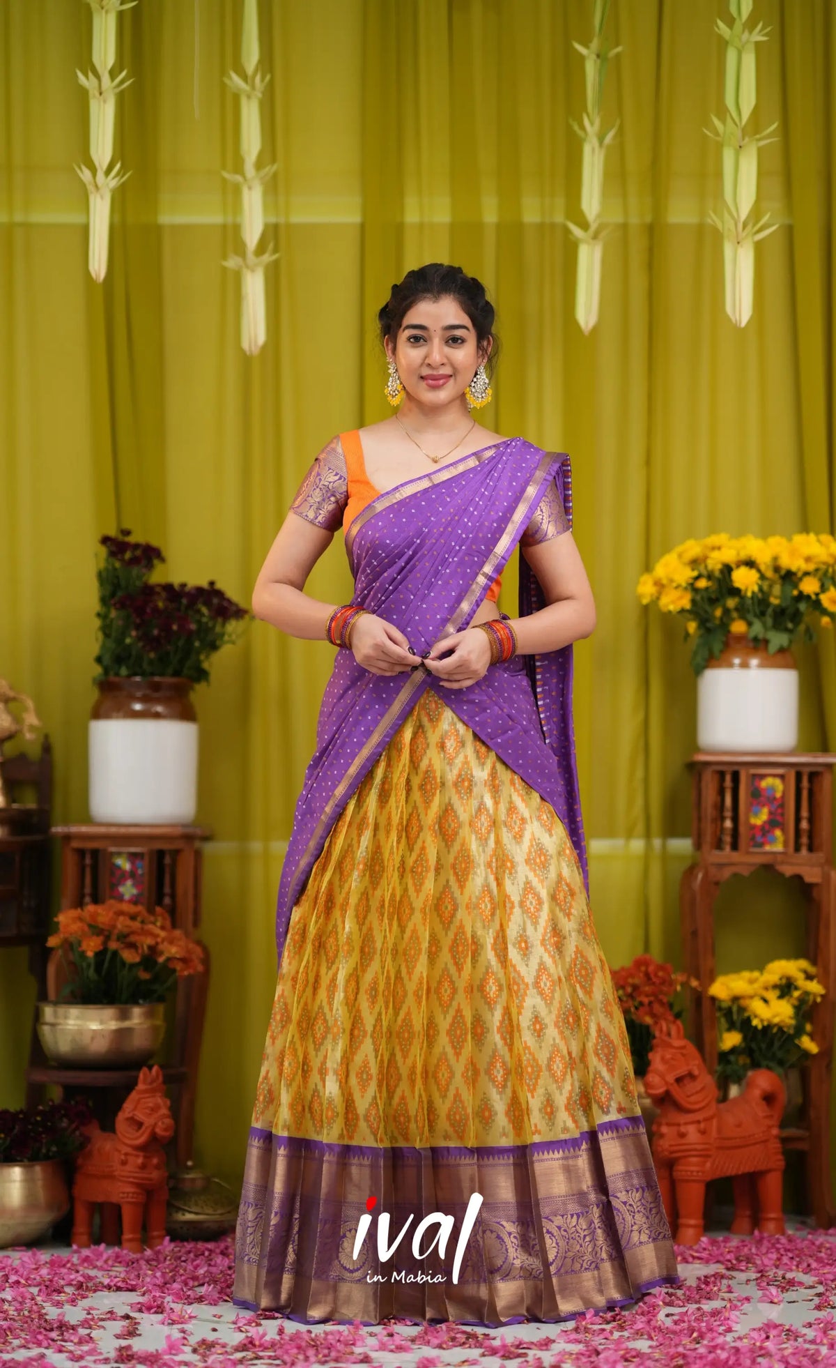 Izhaiyini Organza Halfsaree - Yellow and Purple - Half Sarees
