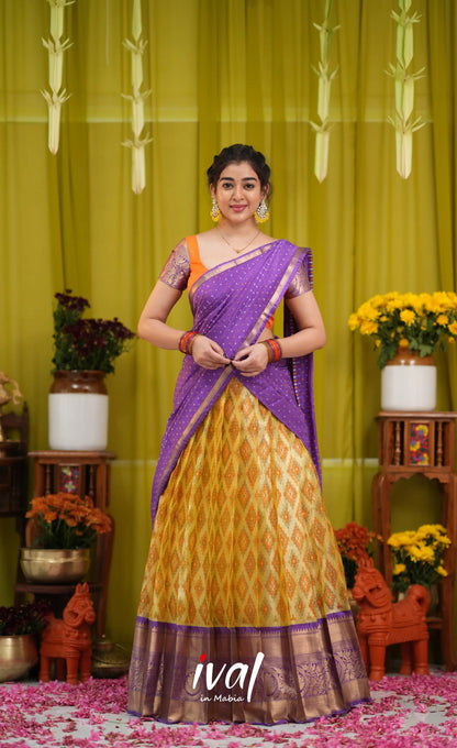Izhaiyini Organza Halfsaree - Yellow and Purple - Half Sarees