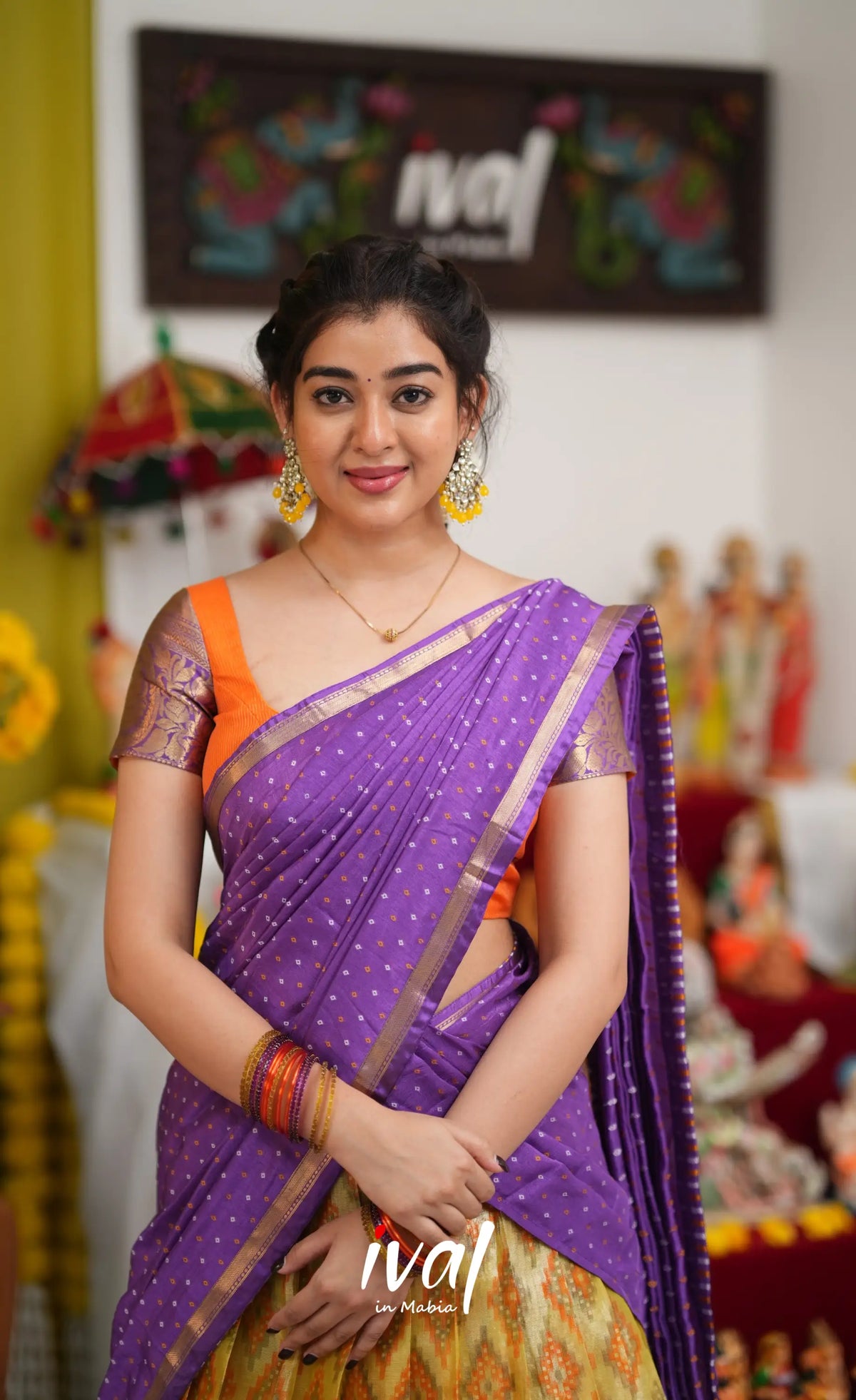 Izhaiyini Organza Halfsaree - Yellow and Purple - Half Sarees