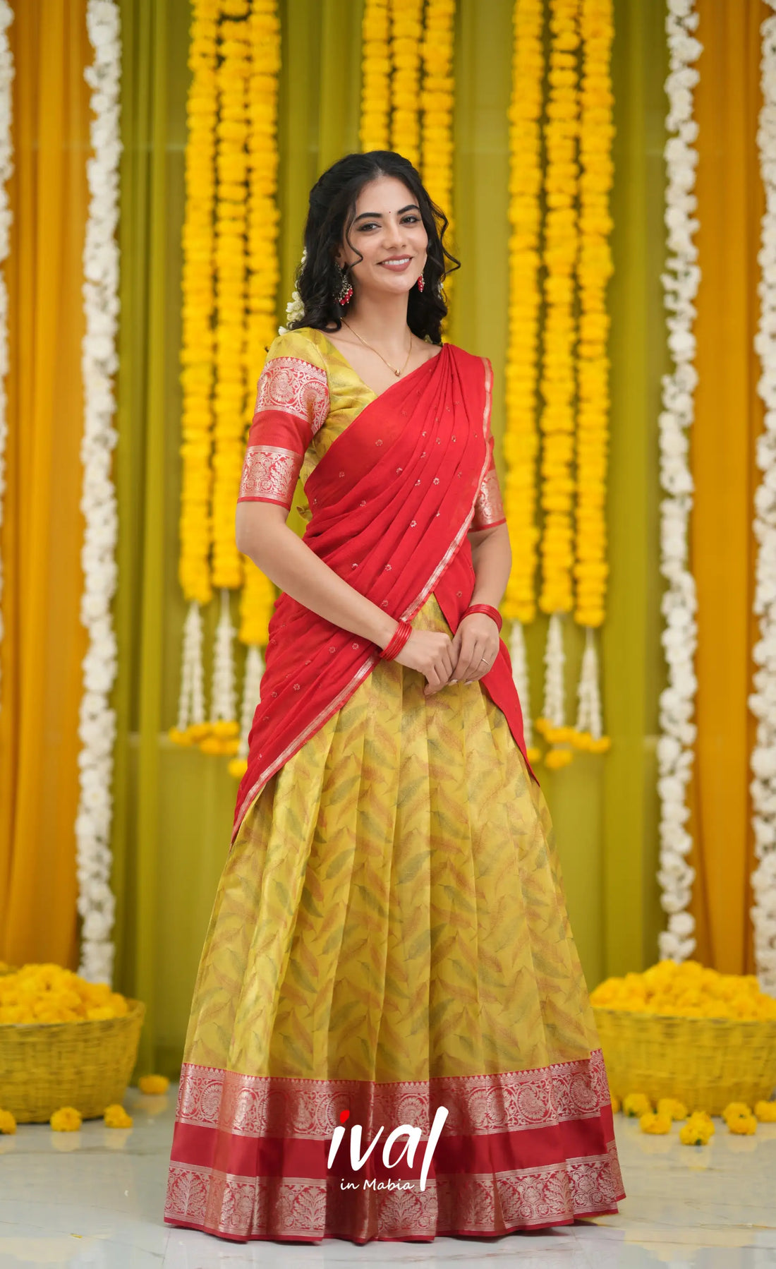 Izhaiyini Organza Halfsaree - Yellow and Red Half Sarees