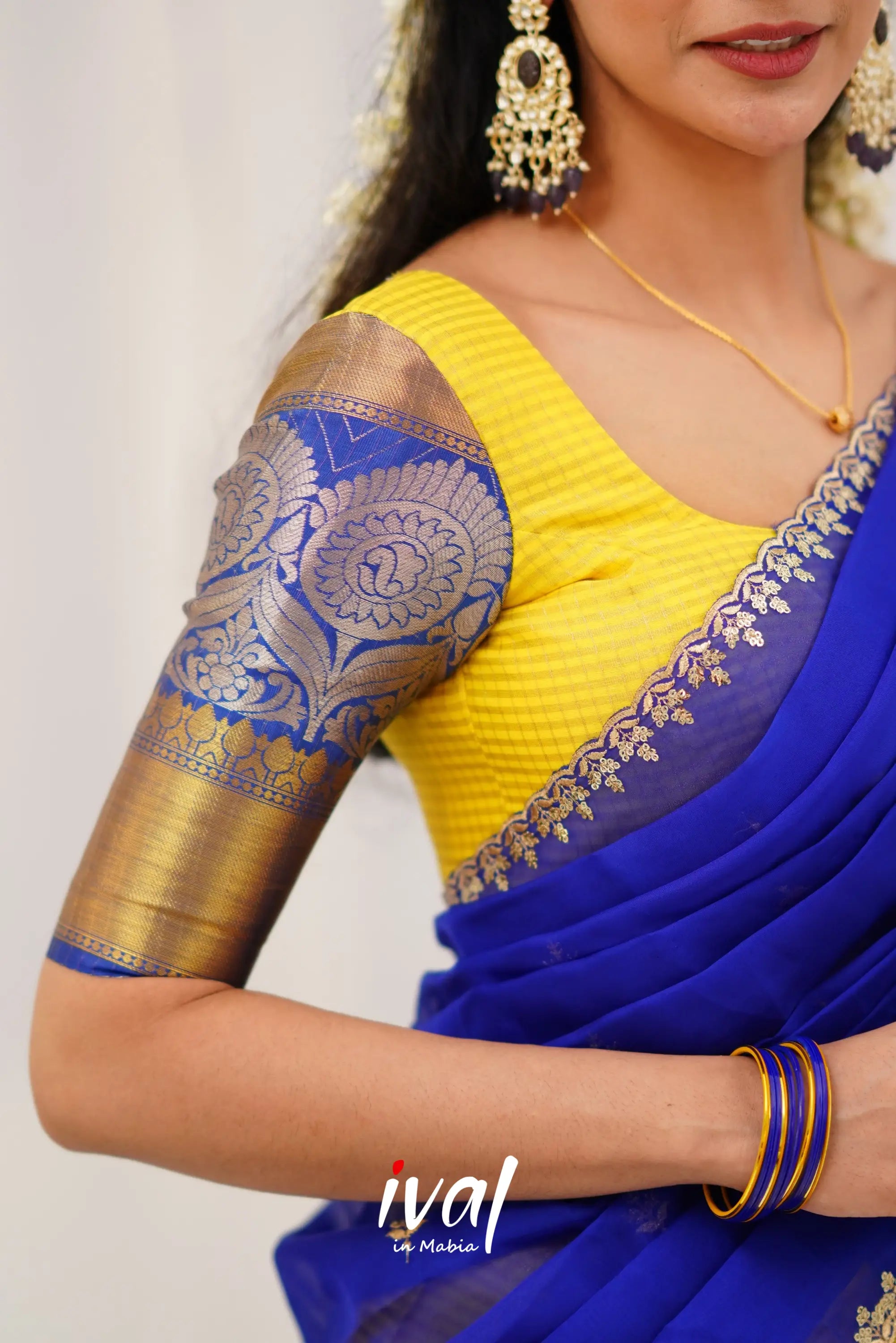 Izhaiyini Organza Halfsaree - Yellow And Royal Blue Half Sarees