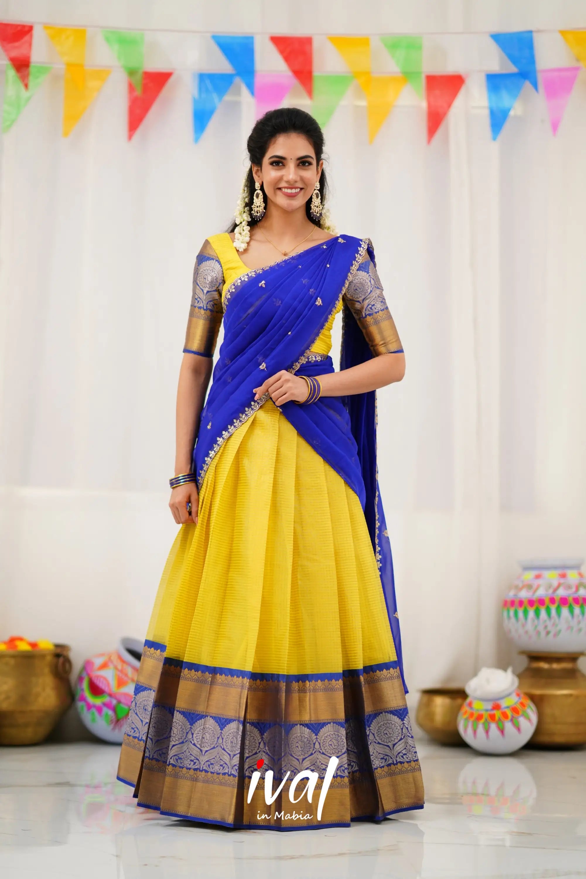 Izhaiyini Organza Halfsaree - Yellow And Royal Blue Half Sarees