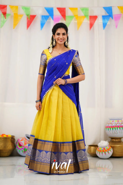 Izhaiyini Organza Halfsaree - Yellow And Royal Blue Half Sarees